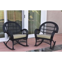 Santa Maria Black Wicker Rocker Chair with Tan Cushion - Set of 2