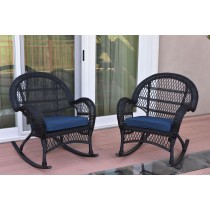 Santa Maria Black Wicker Rocker Chair with Midnight Blue Cushion - Set of 2