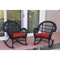 Santa Maria Black Wicker Rocker Chair with Brick Red Cushion - Set of 2