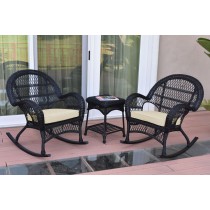 3pc Santa Maria Black Rocker Wicker Chair Set - Ivory Cushions