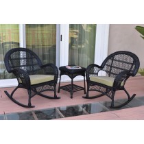 3pc Santa Maria Black Rocker Wicker Chair Set - Tan Cushions