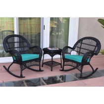 3pc Santa Maria Black Rocker Wicker Chair Set - Turquoise Cushions