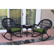 3pc Santa Maria Black Rocker Wicker Chair Set - Hunter Green Cushions