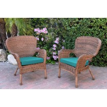 Set of 2 Windsor Honey Resin Wicker Chair with Turquoise Cushion