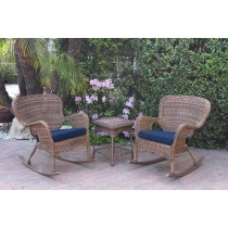 Windsor Honey Wicker Rocker Chair And End Table Set With Midnight Blue Chair Cushion