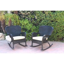 Set of 2 Windsor Black  Resin Wicker Rocker Chair with Tan Cushions