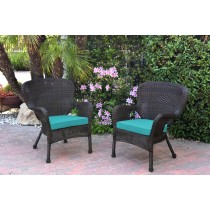 Set of 2 Windsor Espresso Resin Wicker Chair with Turquoise Cushion