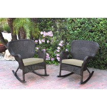 Set of 2 Windsor Espresso Resin Wicker Rocker Chair with Tan Cushions