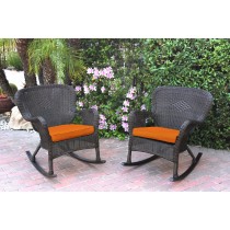 Set of 2 Windsor Espresso Resin Wicker Rocker Chair with Orange Cushions
