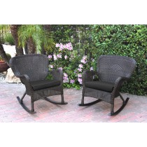 Set of 2 Windsor Espresso Resin Wicker Rocker Chair with Black Cushions