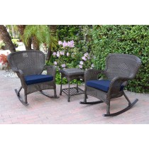 Windsor Espresso Wicker Rocker Chair And End Table Set With Midnight Blue Chair Cushion