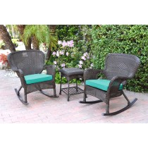 Windsor Espresso Wicker Rocker Chair And End Table Set With Turquoise Chair Cushion