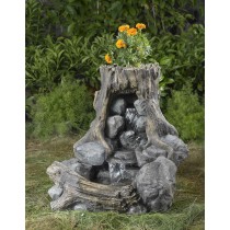 Wood and Rock Fountain with Flower Pot