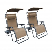 Set of 2 Oversized Zero Gravity Chair with Sunshade and Drink Tray - Tan
