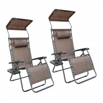Set of 2 Oversized Zero Gravity Chair with Sunshade and Drink Tray - Brown Mesh