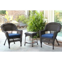 Espresso Wicker Chair And End Table Set With Midnight Blue Chair Cushion