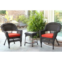Espresso Wicker Chair And End Table Set With Brick Red Chair Cushion