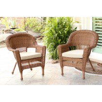 Honey Wicker Chair With Tan Cushion - Set of  2