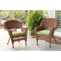 Honey Wicker Chair With Sage Green Cushion - Set of 2