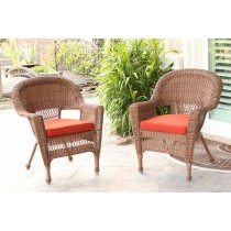Honey Wicker Chair With Brick Red Cushion - Set of 2