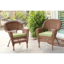 Honey Wicker Chair With Sage Green Cushion - Set of 4