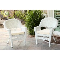 White Wicker Chair With Ivory Cushion - Set of 2
