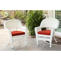 White Wicker Chair With Brick Red Cushion - Set of 4