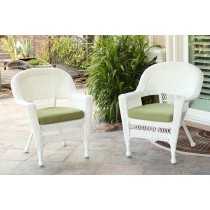 White Wicker Chair With Sage Green Cushion - Set of 4