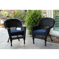 Black Wicker Chair With Midnight Blue Cushion - Set of 2
