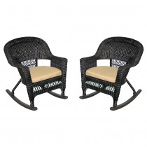 Black Rocker Wicker Chair with Tan Cushion -  Set of 2