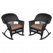Black Rocker Wicker Chair with Brown  Cushion -  Set of 2