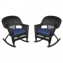 Black Rocker Wicker Chair with Midnight Blue Cushion -  Set of 2