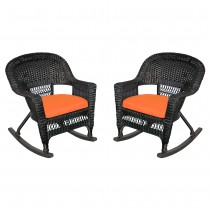 Black Rocker Wicker Chair with Orange Cushion -  Set of 2