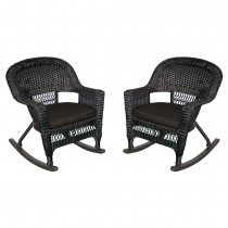 Black Rocker Wicker Chair with Black Cushion -  Set of 2