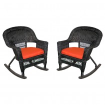 Black Rocker Wicker Chair with Brick Red Cushion -  Set of 2