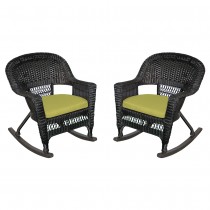 Black Rocker Wicker Chair with Sage Green Cushion -  Set of 2