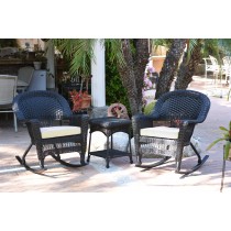 3pc Black Rocker Wicker Chair Set With Ivory Cushion