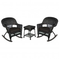 3pc Black Rocker Wicker Chair Set With Black Cushion