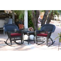 3pc Black Rocker Wicker Chair Set With Red Cushion