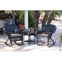 3pc Black Rocker Wicker Chair Set With Steel Blue Cushion