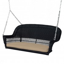 Black Resin Wicker Porch Swing with Tan Cushion