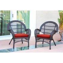 Santa Maria Espresso Wicker Chair with Brick Red Cushion - Set of 2