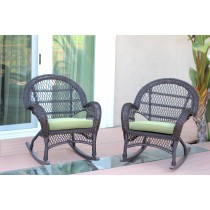 Espresso Wicker Rocker Chair with Sage Green Cushion - Set of 4