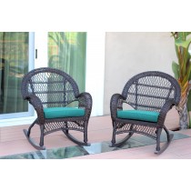 Santa Maria Espresso Wicker Rocker Chair with Turquoise Cushion - Set of 2