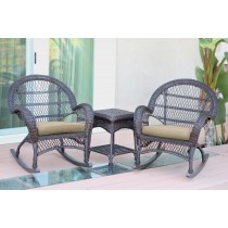 3pc Santa Maria Espresso Rocker Wicker Chair Set - Tan Cushions