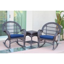 3pc Santa Maria Espresso Rocker Wicker Chair Set - Midnight Blue Cushions