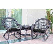 3pc Santa Maria Espresso Rocker Wicker Chair Set - Black Cushions
