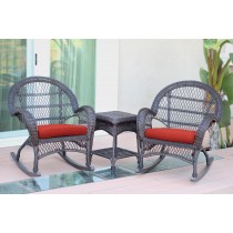 3pc Santa Maria Espresso Rocker Wicker Chair Set - Brick Red Cushions