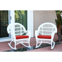 Santa Maria White Wicker Rocker Chair with Brick Red Cushion - Set of 4