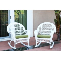 Santa Maria White Wicker Rocker Chair with Sage Green Cushion - Set of 2